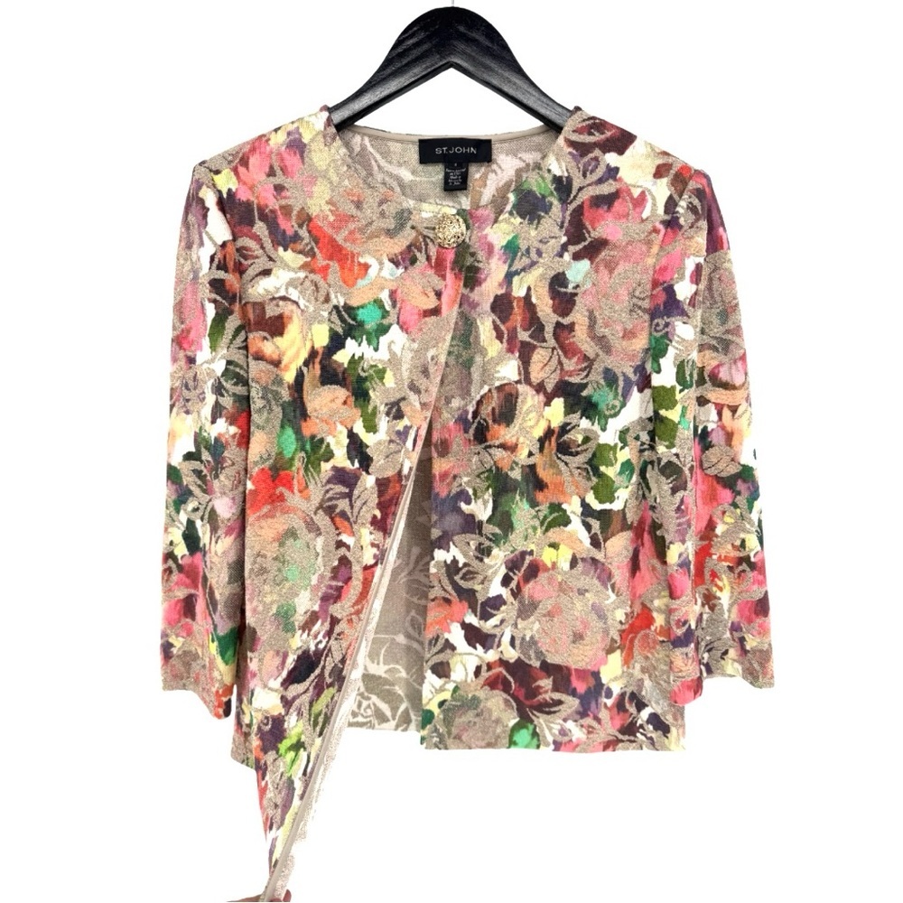 St John Embellished Metallic Floral Knit Cardigan 8 Event Dressy - Picture 3 of 11